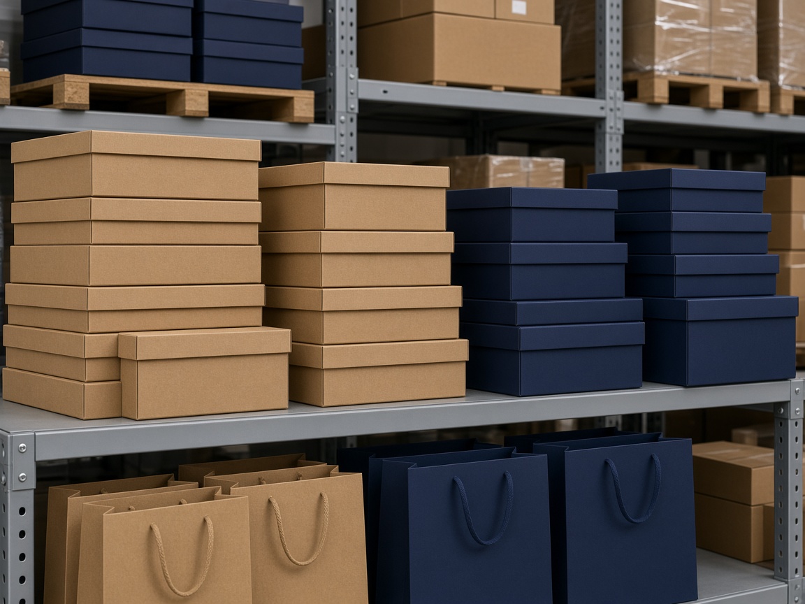 Ready stock packaging — rigid boxes and bags held for logo printing