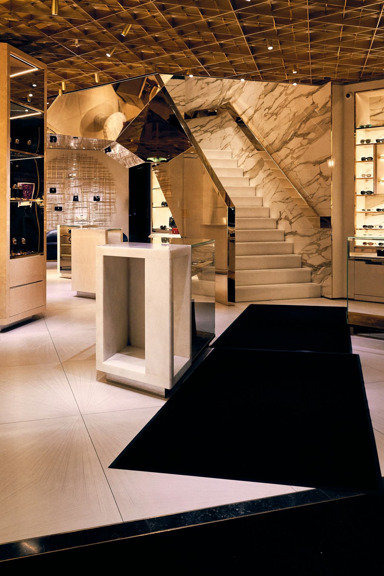 A luxury boutique interior in warm stone