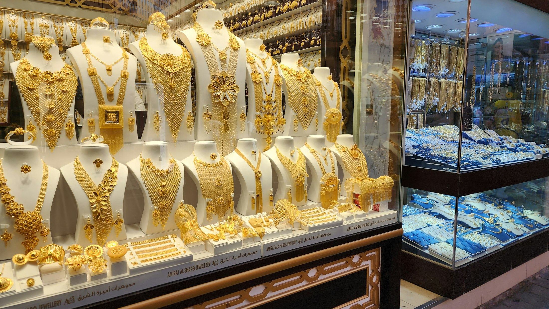 A gold souk window at night