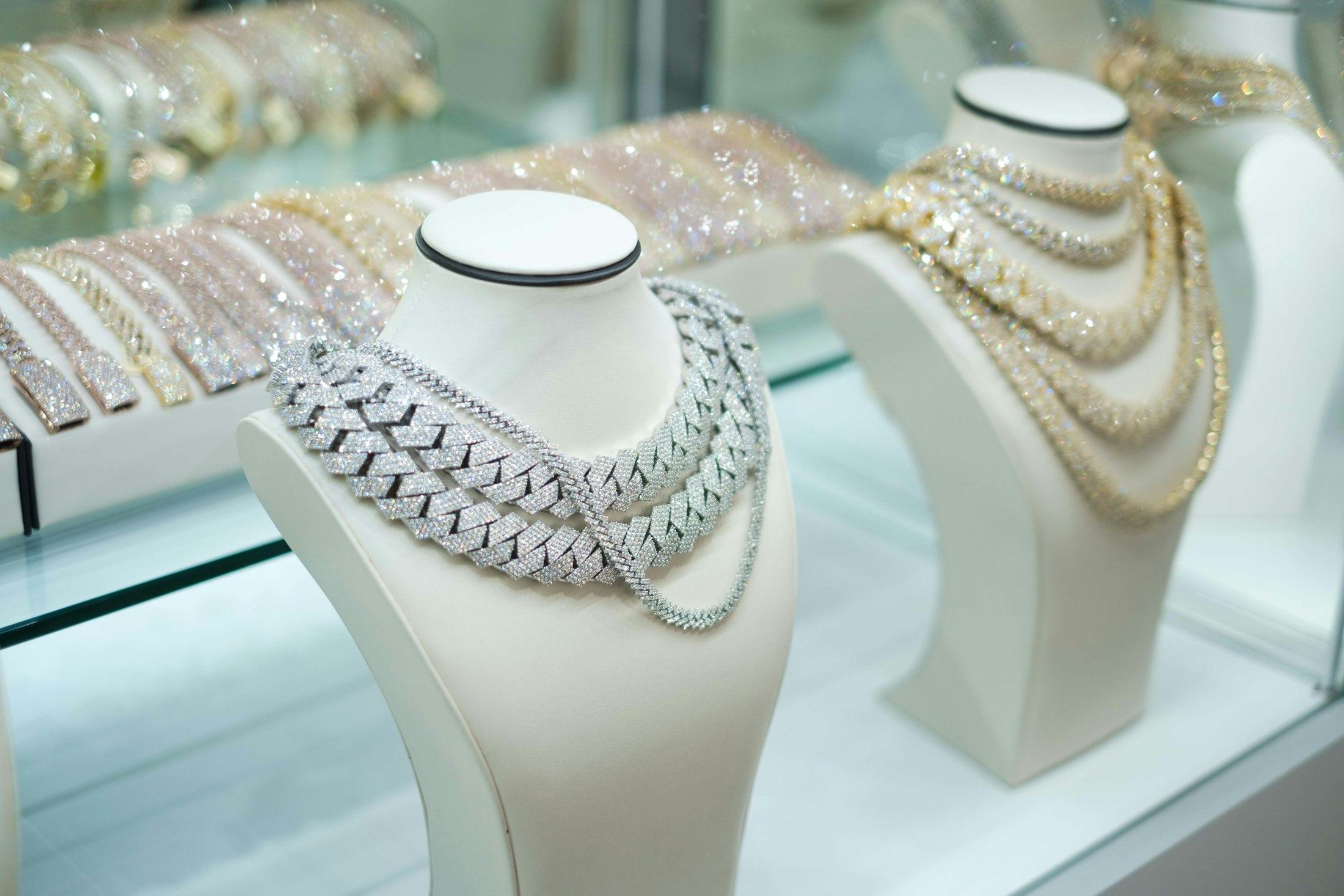 Jewellery display busts arranged for a showroom