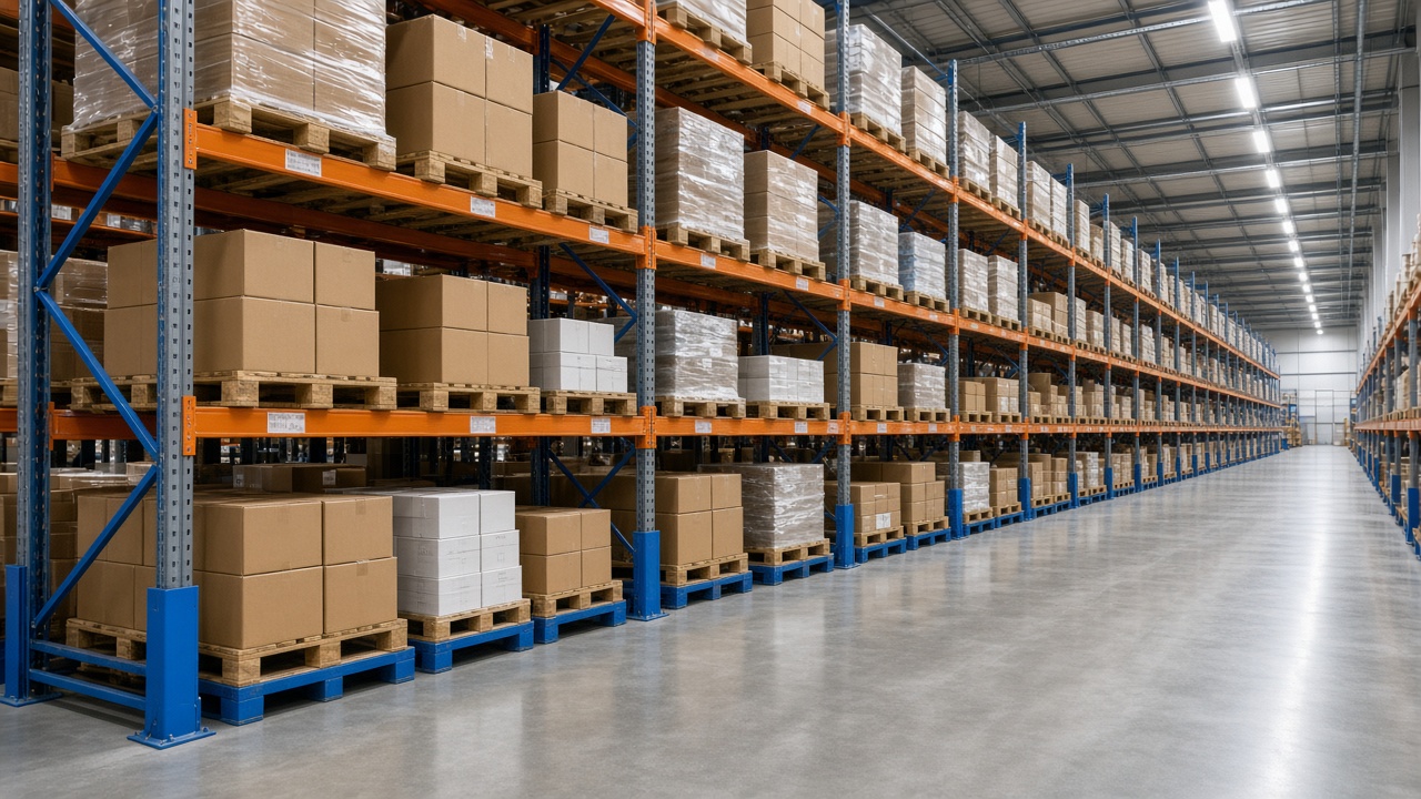 Organised warehouse interior with pallet racking