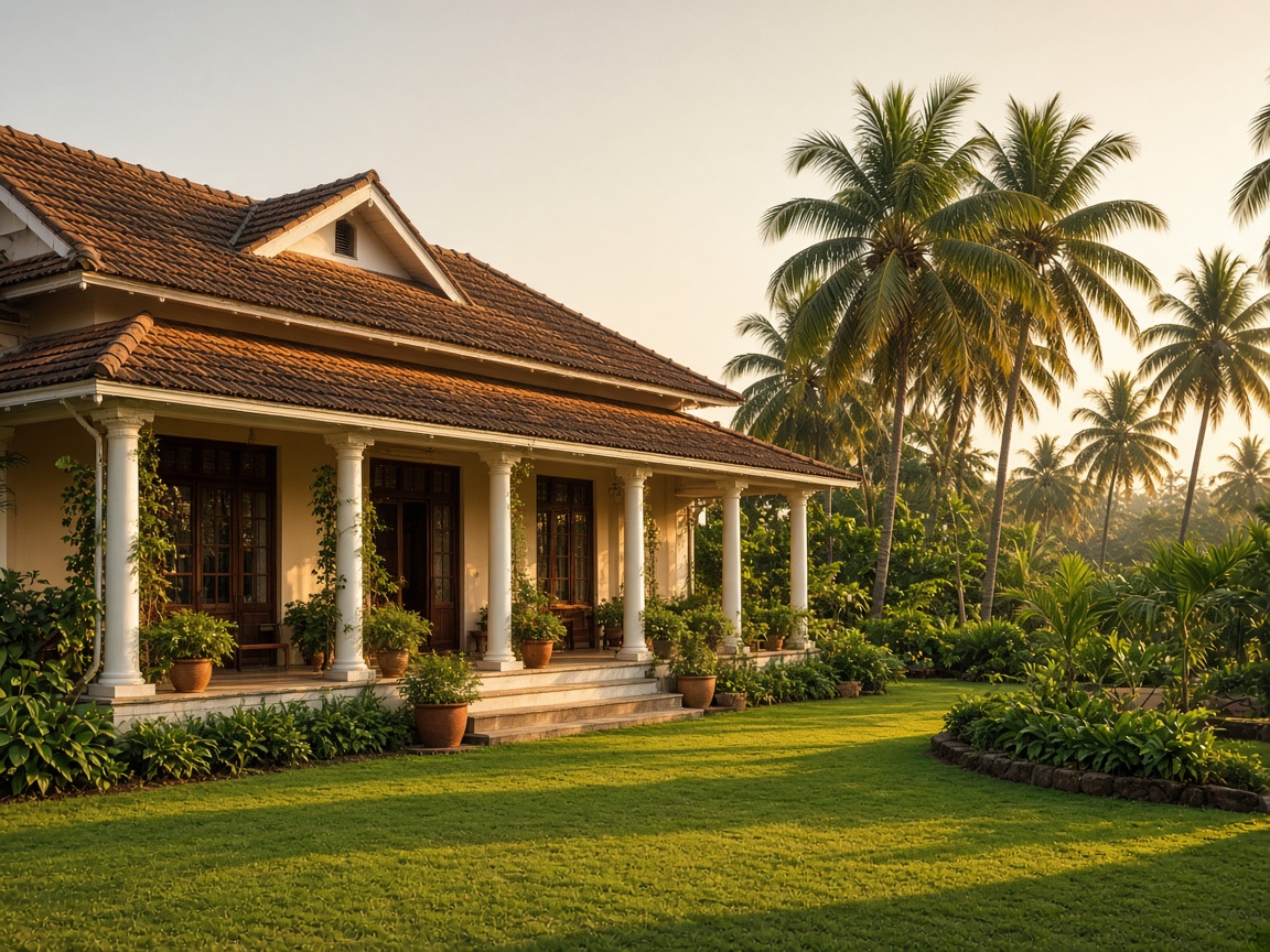 Heritage colonial bungalow with terracotta roof, veranda, and landscaped lawns in Kerala